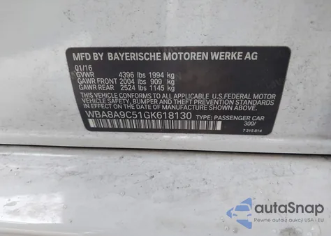 2016 BMW 320I from USA, damaged, VIN WBA8A9C51GK618130